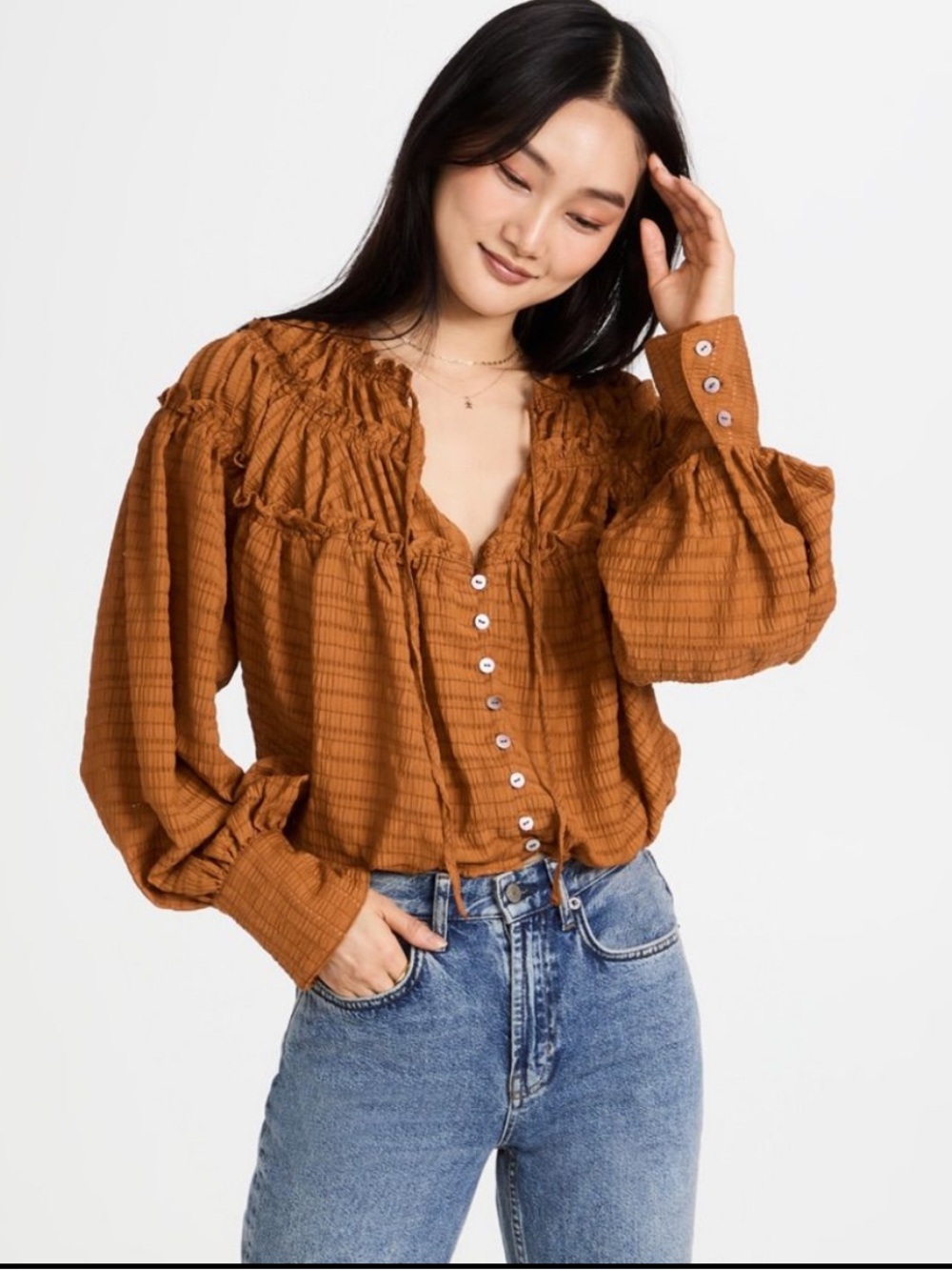 Free People Rust Button-Front Ruffle Peasant Blouse